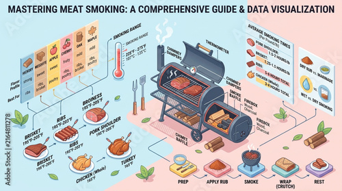 Comprehensive Meat Smoking Infographic Guide with BBQ Techniques and Temperature Charts