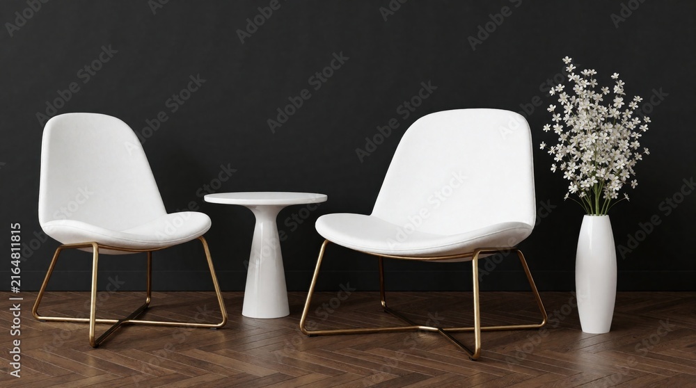Obraz premium Two white modern chairs rest near small table and white vase filled with delicate white flowers. Furniture sits on dark wooden floor against plain black wall, creating minimalist indoor scene.