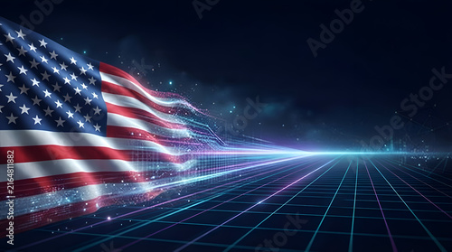 American flag waving in motion blur with digital speed lines for patriotic technology concept Generative AI