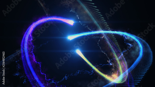Cuadro en lienzo Dynamic magical energy collision with glowing trails on black