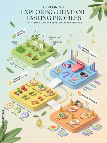 3D Isometric Infographic of Olive Oil Tasting Profiles and Culinary Food Pairings Data Visualization