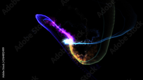 Fotografía Cinematic blue and purple orbital energy trails on black background