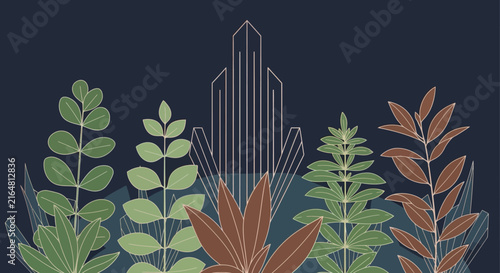 Abstract urban jungle: geometric lines meet botanical foliage