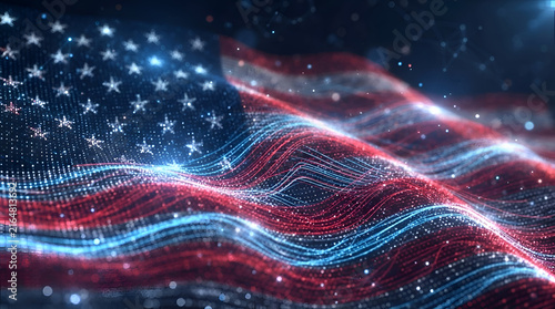 Digital American flag wave with glowing red white blue light trails for patriotic tech design Generative AI