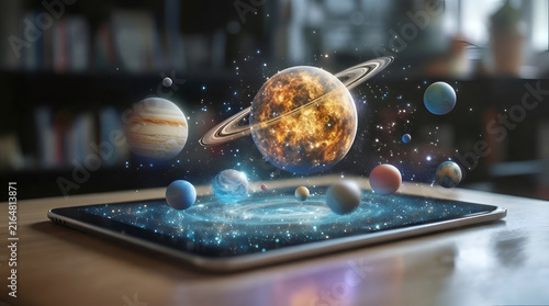 Solar system planets orbiting sun on futuristic digital tablet screen with holographic display Generative AI