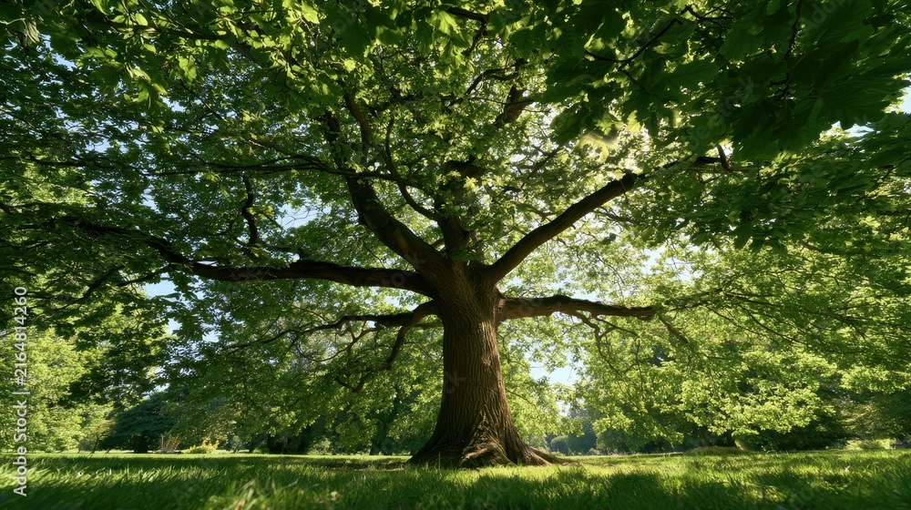 Fototapeta premium Majestic tree with lush green leaves in a sunlit park