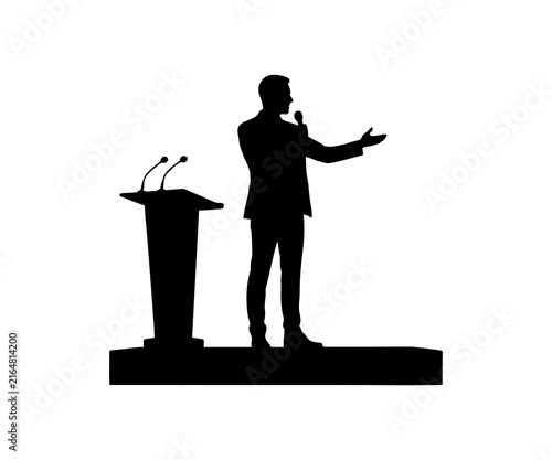 Public speaker silhouette at podium addressing audience crowd, business presentation or political speech concept illustration on white background. 

