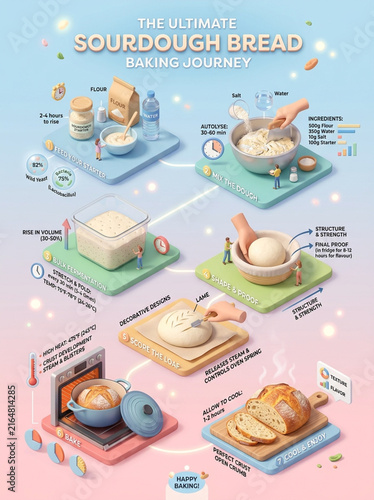 Step-by-Step Sourdough Bread Baking Process 3D Isometric Infographic Illustration