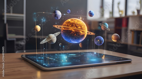 Digital tablet displaying futuristic solar system hologram with glowing planets and cosmic data visualization Generative AI