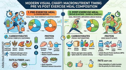 Macronutrient Timing Infographic for Pre and Post Workout Meal Composition and Sports Nutrition Guide