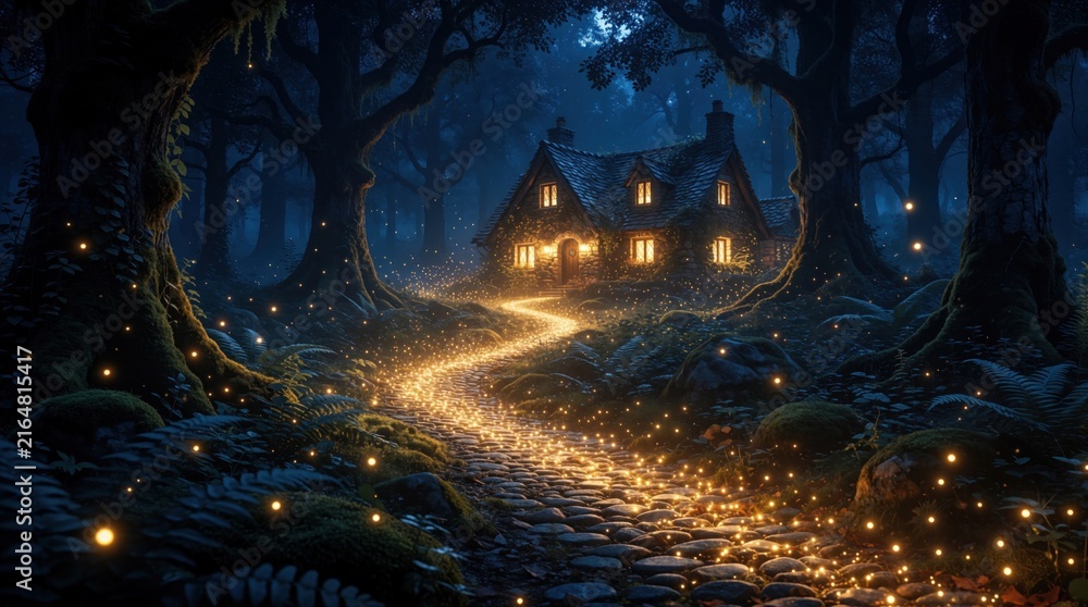 Fototapeta premium Magical stone path glows with golden light through dark enchanted forest. Small cozy cottage sits among ancient trees at night. Whimsical fairytale landscape features sparkling fireflies, mystical