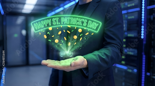 Business professional holding glowing Happy Father's Day hologram with futuristic tech celebration Generative AI