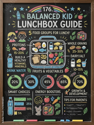 Balanced Kid Lunchbox Guide Infographic on Chalkboard with Healthy Food Groups and Nutrition Tips
