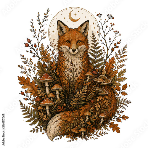 Fox surrounded by mushrooms and ferns with a crescent moon backdrop  