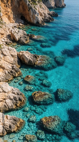 Aerial view of rocky Mediterranean coastline with clear turquoise water. Rugged cliffs meet blue sea along scenic shore. Natural rock formations under calm ocean waves create beautiful summer