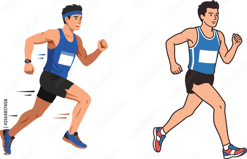 Fototapeta premium A flat-style vector illustration of two male marathon runners wearing race bib numbers and athletic tank tops, sprinting forward in dynamic running poses. 