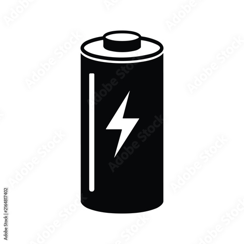 A cylindrical energy storage cell features a central bolt icon. This monochrome graphic represents portable electric current for electronic device interface design.