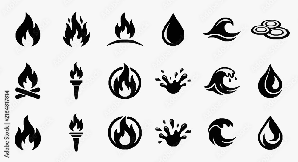 Obraz premium Minimalist Black and White Icons Set of Fire Water and Earth Elements with Abstract Shapes and Symbols