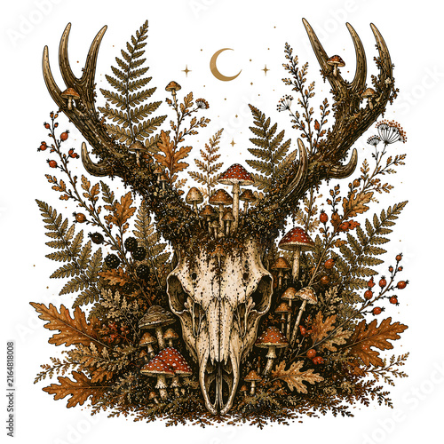 Deer skull surrounded by ferns and mushrooms in an earthy style  