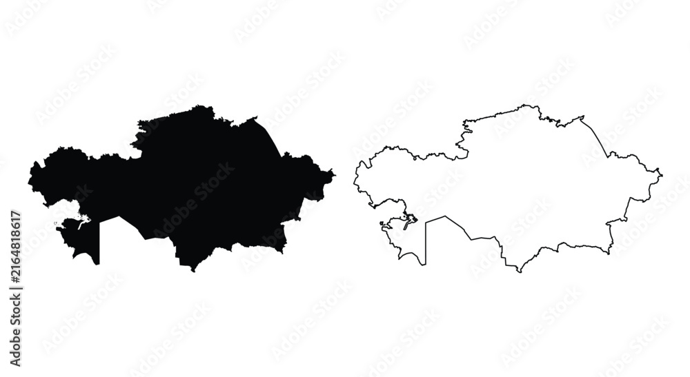 Obraz premium Kazakhstan map silhouette and line art outline vector icon set