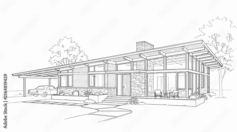 Fototapeta premium Architectural line drawing of a mid-century modern home with carport
