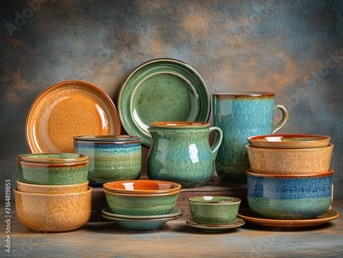 A beautiful collection of glossy green and orange ceramic plates, bowls, and mugs is neatly displayed on wooden shelves against an orange background.
