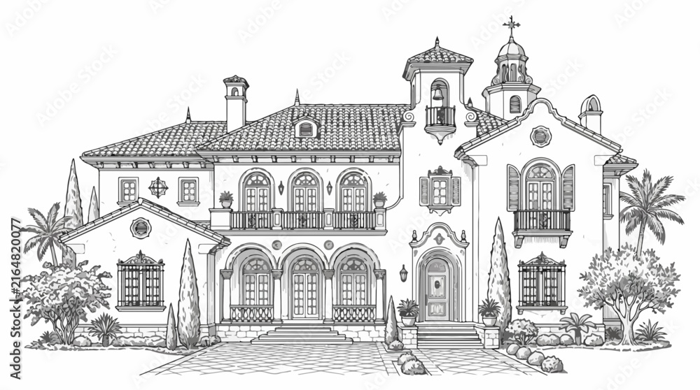 Fototapeta premium Luxury Mediterranean Mansion Line Art Architectural Illustration