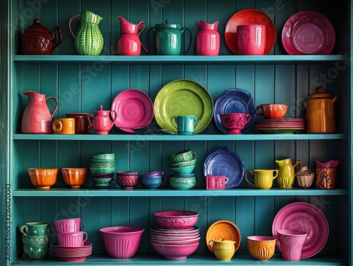 Rows of solid-colored ceramic plates, bowls, and cups in vibrant pink, blue, and green are neatly organized on dark blue shelves.

