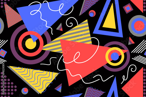 Memphis design seamless repeat pattern. Memphis doodle 80s geometric colorful creative design vector illustration. For textile, texture, fabric wrapping, decorative, wallpaper, shirts, clothing