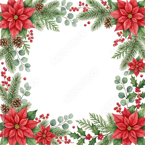 Watercolor Christmas frame with red poinsettia, pine branches, pine cones, and red berries, blank space for text