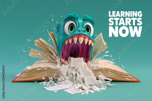 A whimsical blue monster bursts from the pages of an open book, representing a fun and engaging approach to learning, igniting curiosity and imagination in students of all ages.