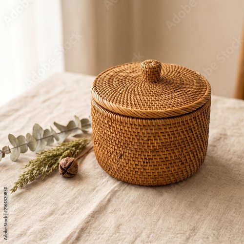 Handwoven rattan basket with lid and dried wheat stalks on linen cloth for rustic decor