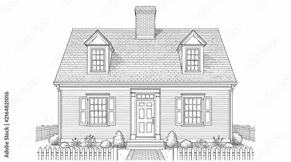 Obraz premium Line art sketch of a colonial house with dormer windows and picket fence