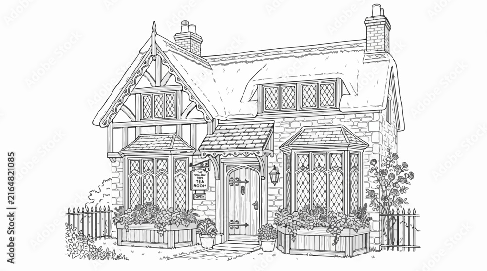 Fototapeta premium Cozy English Village Tea Room Cottage Line Art Coloring Book Illustration