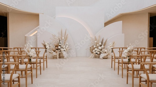 Minimalist wedding aisle with wooden chairs and white floral arches in neutral venue