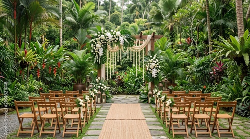 Outdoor wedding aisle with wooden chairs and floral arch in lush tropical garden setting