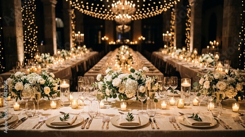 Elegant wedding reception banquet table decorated with white floral centerpieces and candlelight for luxury celebration