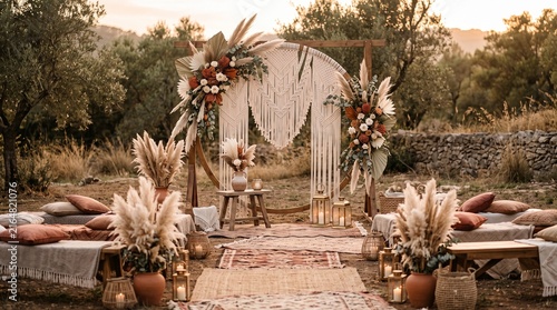 Boho outdoor wedding altar with rustic floral arch and vintage decor for romantic ceremony backdrop
