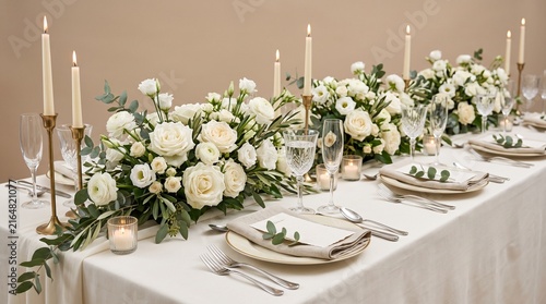 Elegant wedding reception table centerpiece with white roses, candles, and silverware on linen