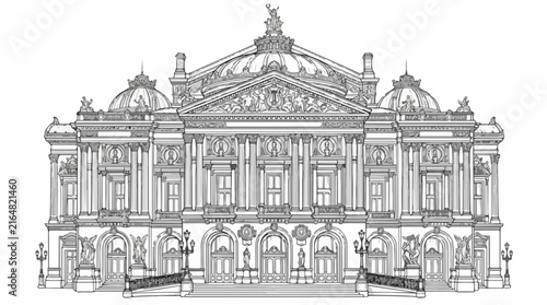 Detailed line art drawing of the Palais Garnier opera house in Paris