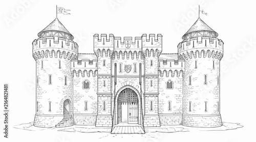 Detailed line art sketch of medieval castle gatehouse with towers