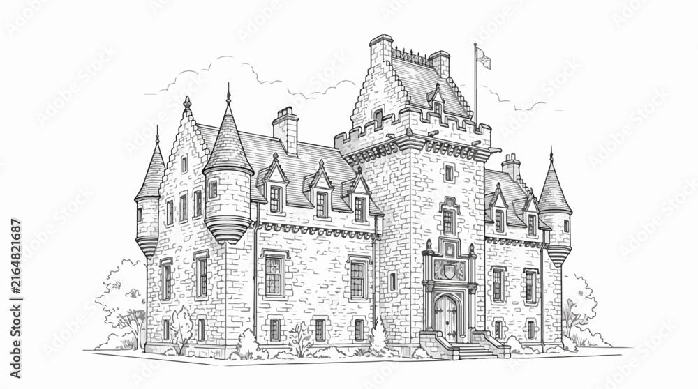 Naklejka premium Scottish baronial castle line art illustration for coloring book page