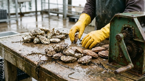 Fisherman sorting fresh oysters and scallops at a wooden processing table