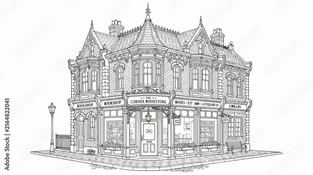 Obraz premium Victorian Corner Bookstore Architectural Line Art Illustration Drawing