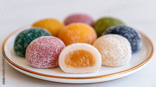A dish of colorful Japanese dessert mochi.