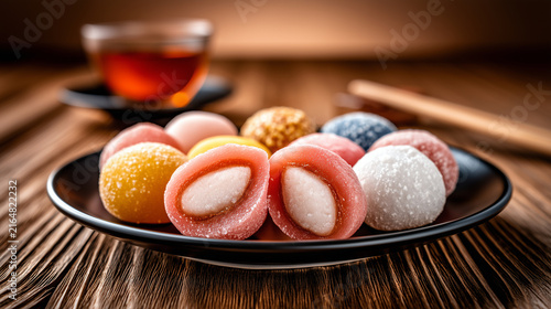 A dish of colorful Japanese dessert mochi.