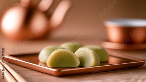 A dish of Japanese dessert green mochi.