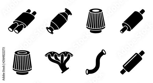 Foto Automotive Exhaust System Parts Vector Icons: Mufflers, Catalytic Converters, Ai