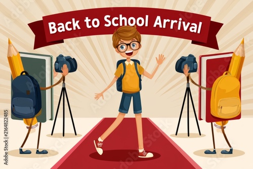 A cartoonish illustration showing a happy boy with a backpack, walking the red carpet as if celebrating the arrival of the new school year with joy and excitement for the opportunities ahead.