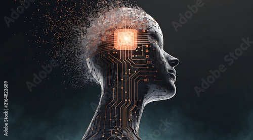 Futuristic human profile sculpture with glowing circuit pattern and fragmented surface suggesting artificial intelligence and digital